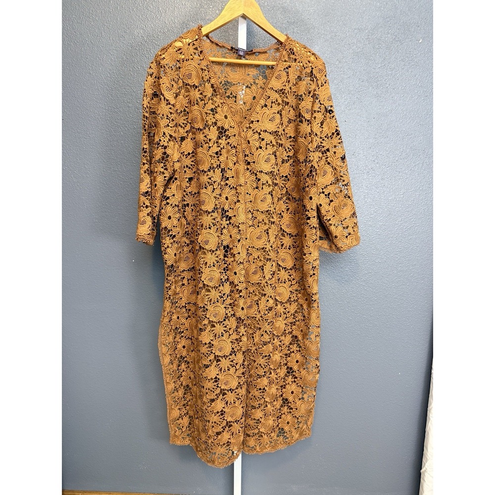 Women's Brown Rust Lace Open Front Cardigan 3/4 Sleeve Floral Sheer 24W Petite